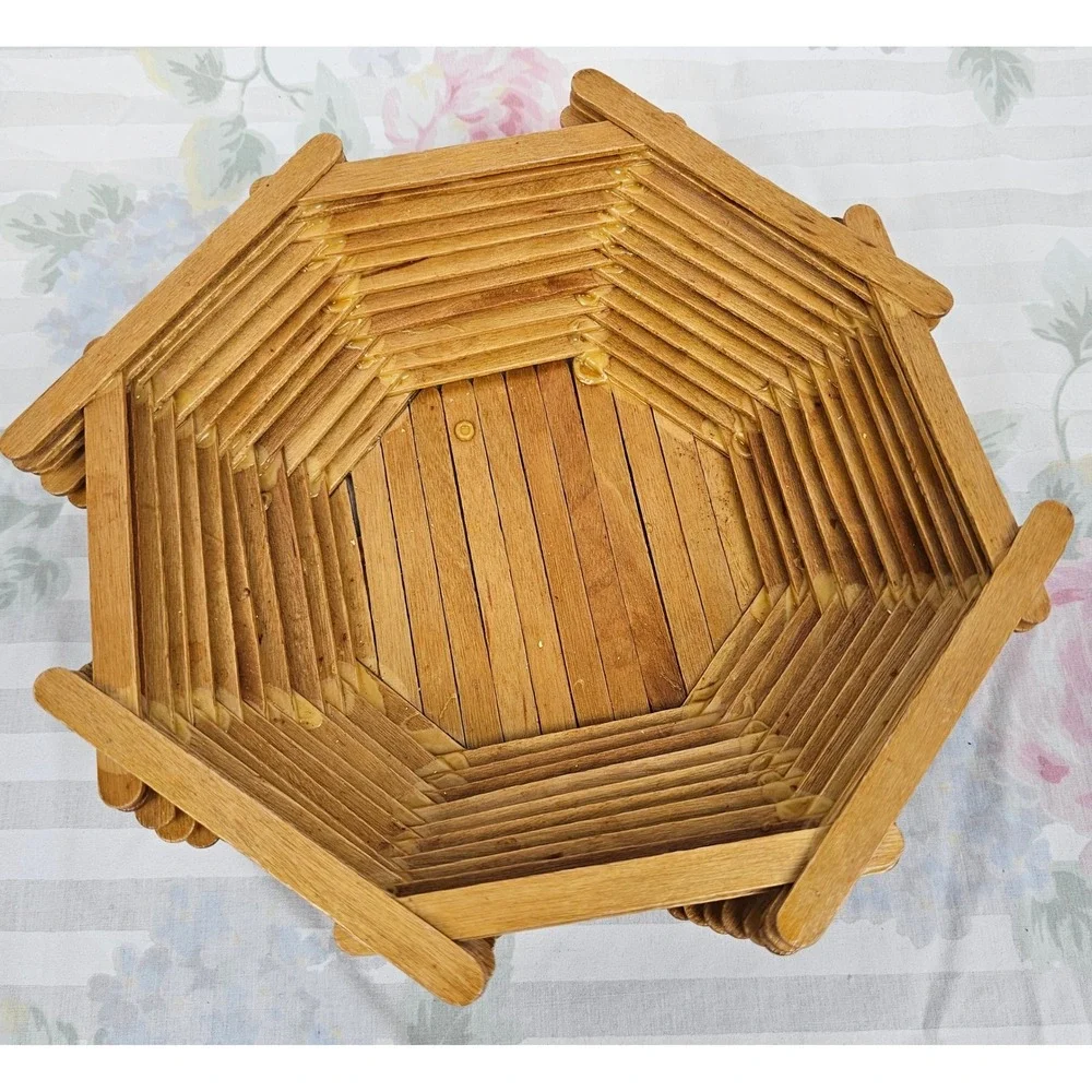 Handmade Wooden Popsicle Stick‎ Octagon Basket Bowl Decorative Centerpiece